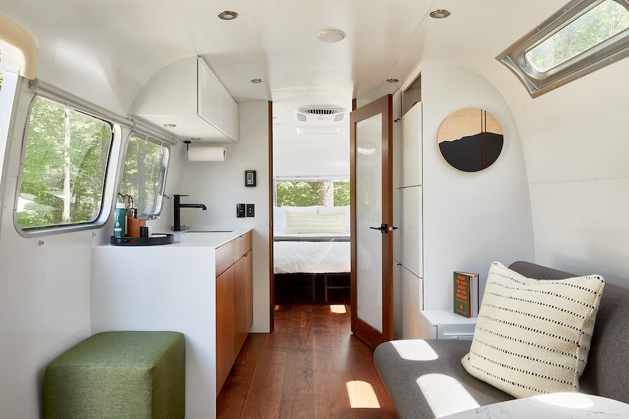 AutoCamp Sequoia Airstream Interior kitchenette bedroom