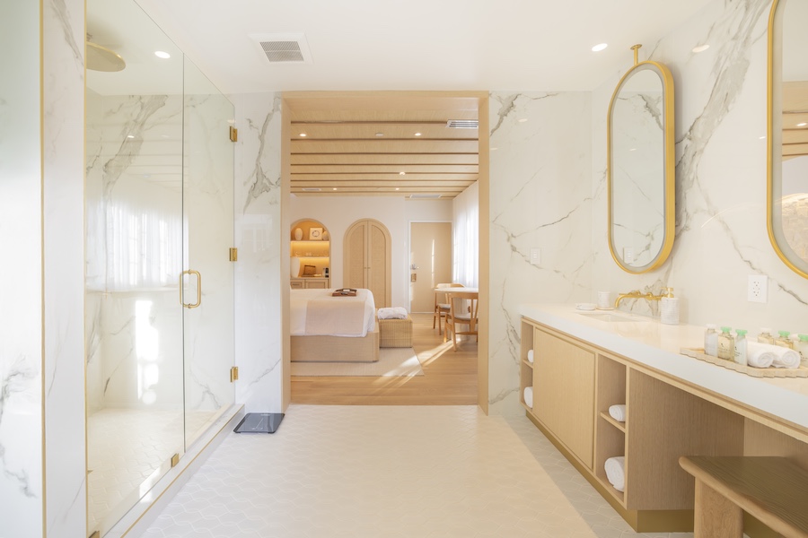 Donatella hotel miami beach art deco district modern Mediterranean white marble light wood bathroom