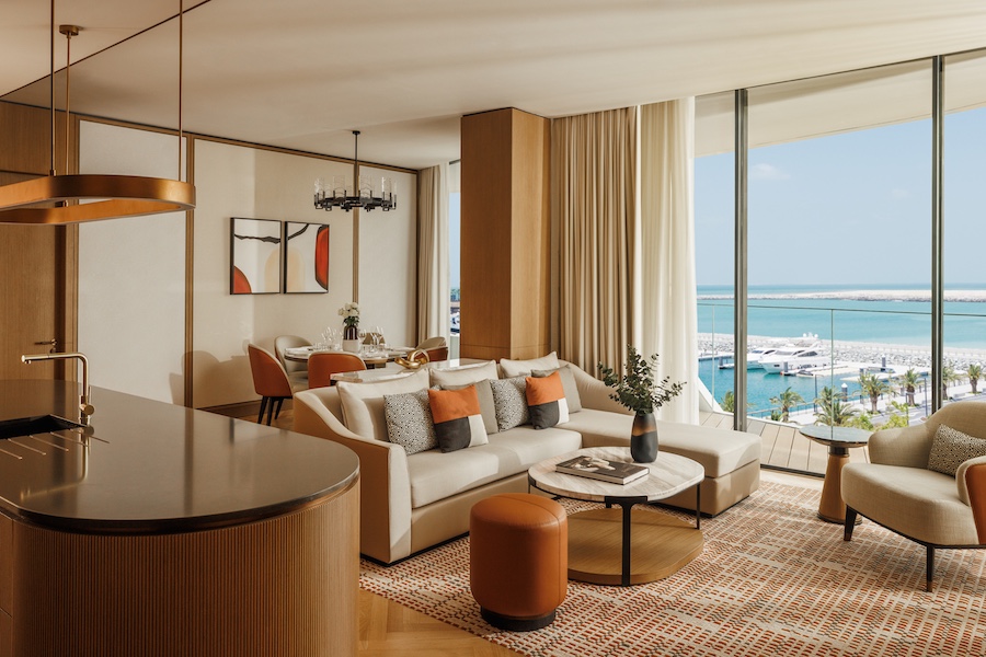 Jumeirah Marsa Al Arab Residences bed marina view outdoor terrace living room